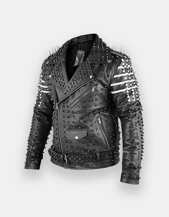 Men's Black & White Studded Leather Jacket with Patches
Brando Style | Belted Collar Waist | Stylish Motorbike Jacket